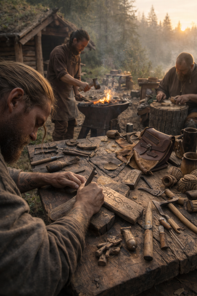 Viking-style artisans crafting wood, leather and metal outdoors, including rune carving, leatherwork and blacksmithing in a traditional woodland setting