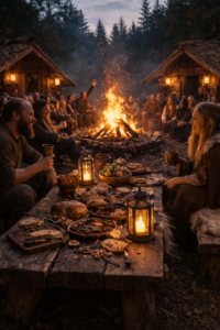 Viking-style evening feast around a bonfire with people sharing food, drink and stories beside wooden huts in a woodland village