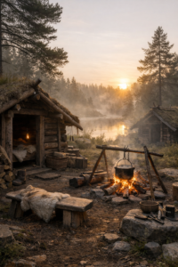 Realistic Viking-style woodland camp with hand-built wooden huts, fire pit cooking, and peaceful off-grid living in nature at Nordheim Viking village UK
